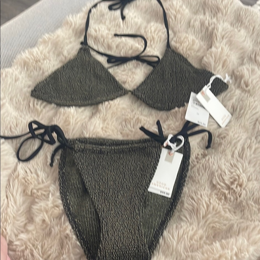 Good American Black and Gold Textured Bikini Bottom